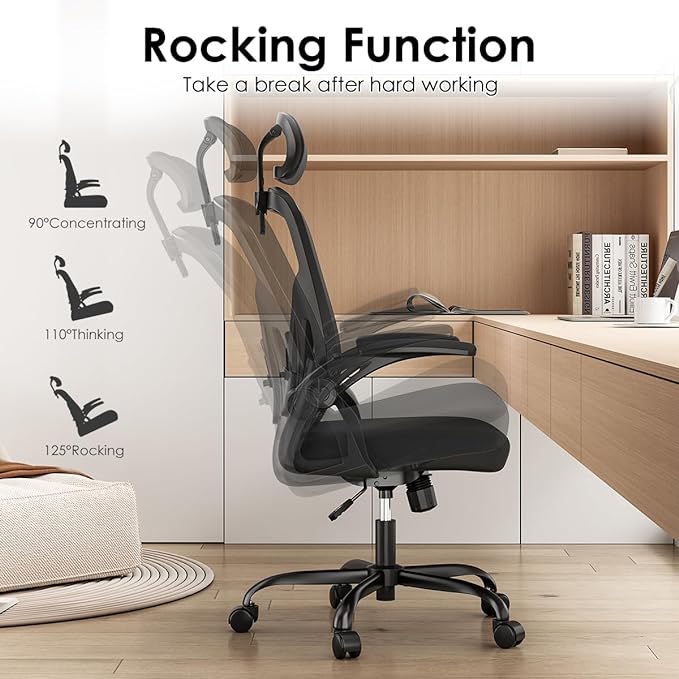 Farini Ergonomic Office Chair, Home Office Desk Chair with Headrest, High Back Computer Chair with Flip-up Armrests and Adjustable Lumbar Support.for Home Office Study Room Bedroom, Black. - LeafyLoom