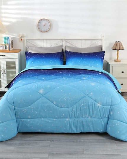 Wowelife Glitter Bedding Set Twin Comforter Set for Girls 5 Pieces Blue Galaxy Comforter Set Twin Bed Set Bed in a Bag with Sheets Comfortable and Breathable for Kids - LeafyLoom
