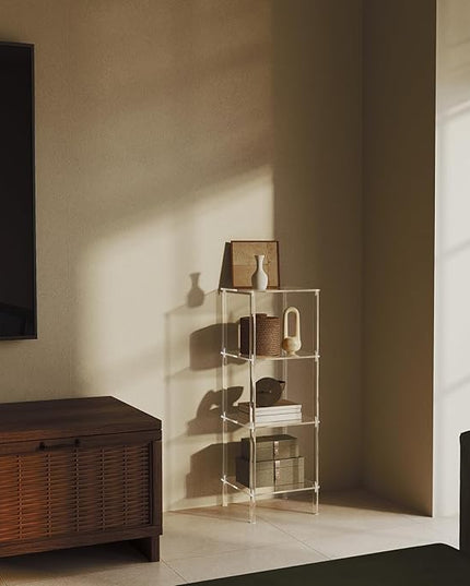 4 Tier Square Acrylic Bookshelf, Small Bookcase with Acrylic Fittings for Fixing to Wall, Corner Display Shelf for Living Room, Bedroom, Bathroom, Small Spaces, Clear, 11.6'' W x 34'' H - LeafyLoom