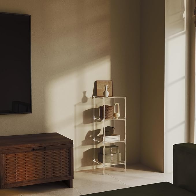 4 Tier Square Acrylic Bookshelf, Small Bookcase with Acrylic Fittings for Fixing to Wall, Corner Display Shelf for Living Room, Bedroom, Bathroom, Small Spaces, Clear, 11.6'' W x 34'' H - LeafyLoom
