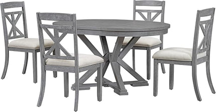 Merax Dining Set with Extendable Round Table and 4 Upholstered Chairs, Grey, 5-Piece Retro, Gray - LeafyLoom