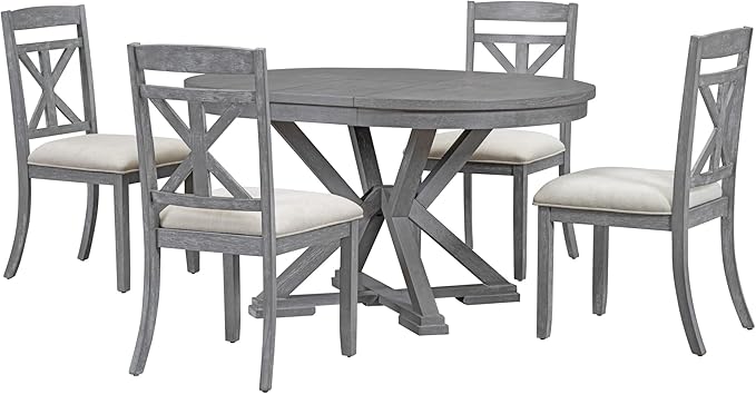Merax Dining Set with Extendable Round Table and 4 Upholstered Chairs, Grey, 5-Piece Retro, Gray - LeafyLoom