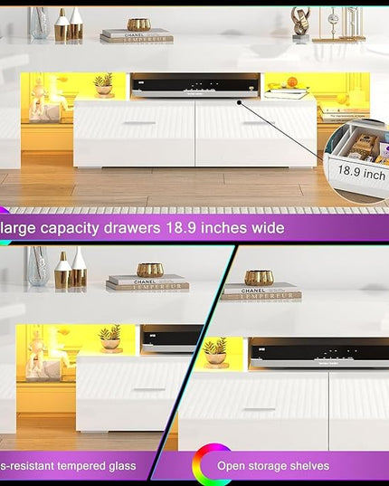 HOUAGI LED TV Stand for 50/55/60/65/70 Inch TVs,Modern Entertainment Center with Storage Drawer and Glass shelf, TV Console Table for Living room,Bedroom,White - LeafyLoom