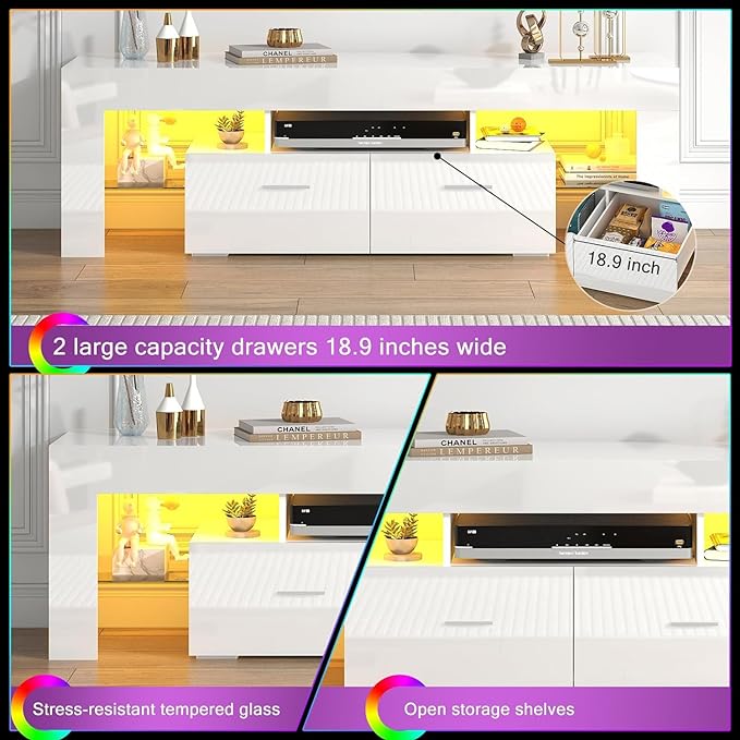 HOUAGI LED TV Stand for 50/55/60/65/70 Inch TVs,Modern Entertainment Center with Storage Drawer and Glass shelf, TV Console Table for Living room,Bedroom,White - LeafyLoom