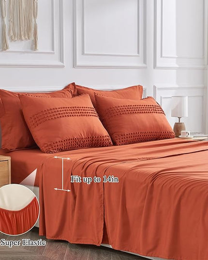 ENJOHOS Queen Comforter Set 7 Piece - Burnt Orange Comforters Queen Size, Queen Bed in a Bag Set, Boho Tufted Bedding Comforter Set with Pom, Lightweight Soft Microfiber Comforter Bed Set - LeafyLoom
