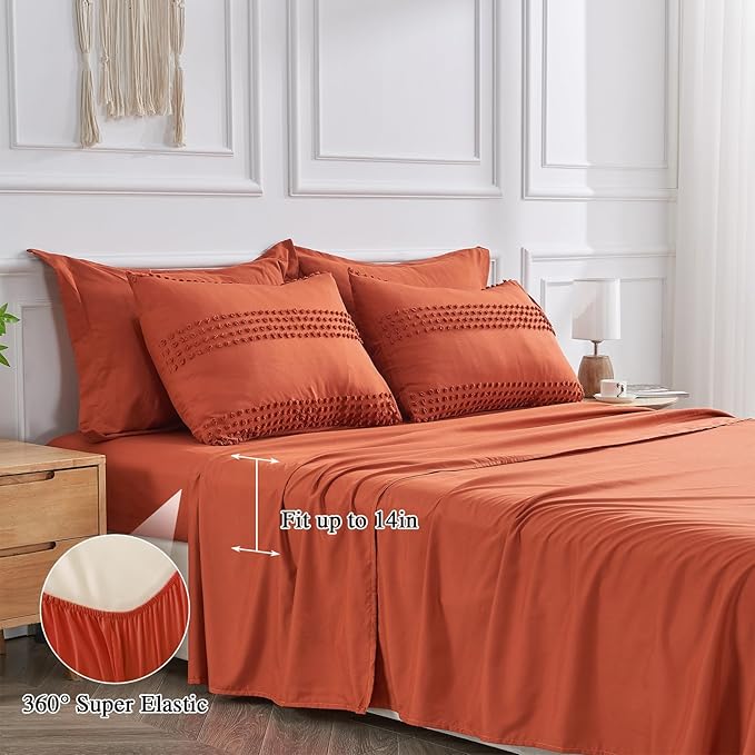 ENJOHOS Queen Comforter Set 7 Piece - Burnt Orange Comforters Queen Size, Queen Bed in a Bag Set, Boho Tufted Bedding Comforter Set with Pom, Lightweight Soft Microfiber Comforter Bed Set - LeafyLoom