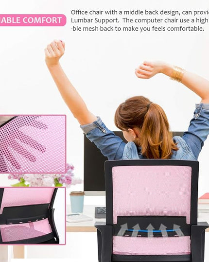 Desk Chair Mesh Office Chair Ergonomic Computer Chair Executive Lumbar Support Adjustable Stool Rolling Swivel Chair,Pink - LeafyLoom