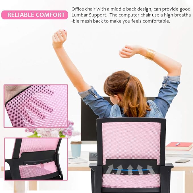 Desk Chair Mesh Office Chair Ergonomic Computer Chair Executive Lumbar Support Adjustable Stool Rolling Swivel Chair,Pink - LeafyLoom