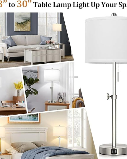 Table Lamp Set of 2 for Bedroom, Bedside Lamp with 2 USB Ports, 23" to 30" Height Adjustable Tall Table Lamp for Living Room End Tables, Modern Silver Nightstand Lamp with Pull Chain - LeafyLoom