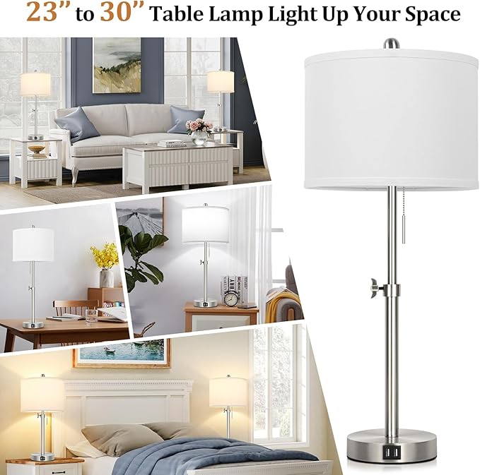 Table Lamp Set of 2 for Bedroom, Bedside Lamp with 2 USB Ports, 23" to 30" Height Adjustable Tall Table Lamp for Living Room End Tables, Modern Silver Nightstand Lamp with Pull Chain - LeafyLoom