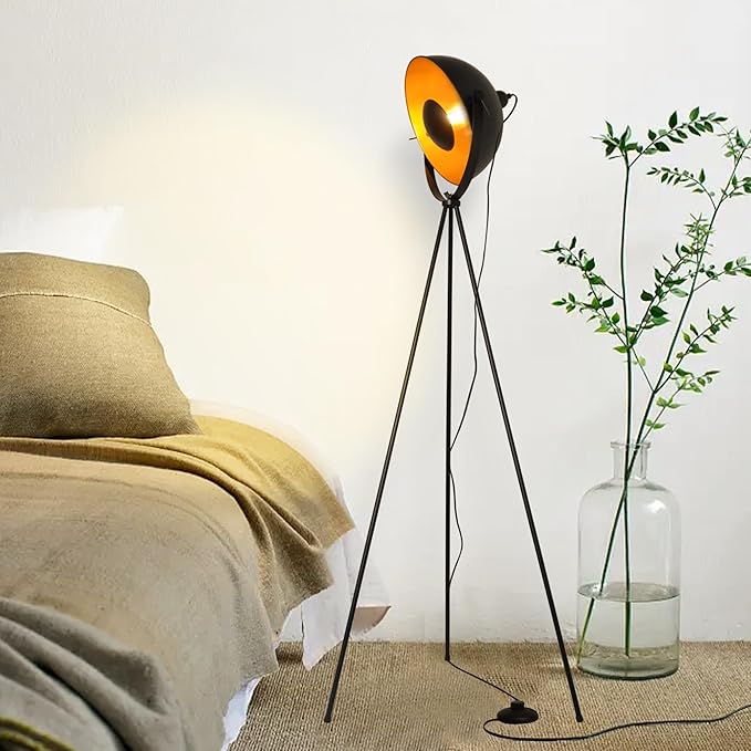 Modern Industrial Tripod LED Satellite Floor Lamp for Living Room, Adjustable Gold Lampshade Spotlight Standing Lamp with Foot Switch, Retro Black E26 Base Floor Light Fixture for Bedroom, Office - LeafyLoom