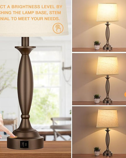 Beige Brown Lamps for Bedrooms Set of 2 - Touch Control Bedside Lamp with USB C+A, 3 Way Dimmable Nightstand Lamps with USB Port, Table Lamp for Living Room(Beige Shade and Brown Base) - LeafyLoom