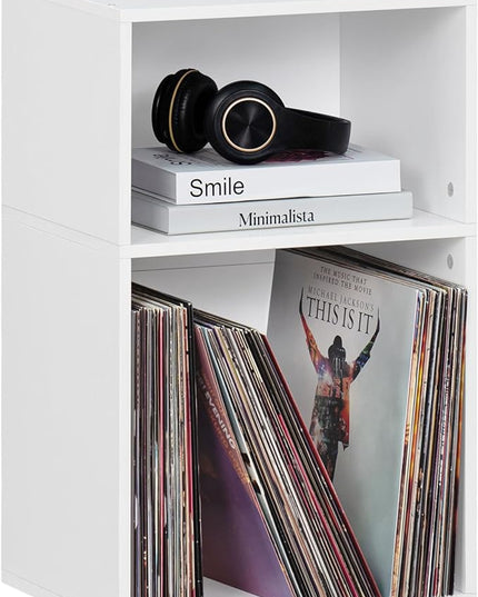 YAHARBO 2 Cube Bookshelf, White Record Player Stand with Vinyl Storage Up to 100 Albums, Horizontal Low Book Shelf, Mini Bookcase with Storage Organizer, Small Turntable Stand for Living Room, Bedroom - LeafyLoom
