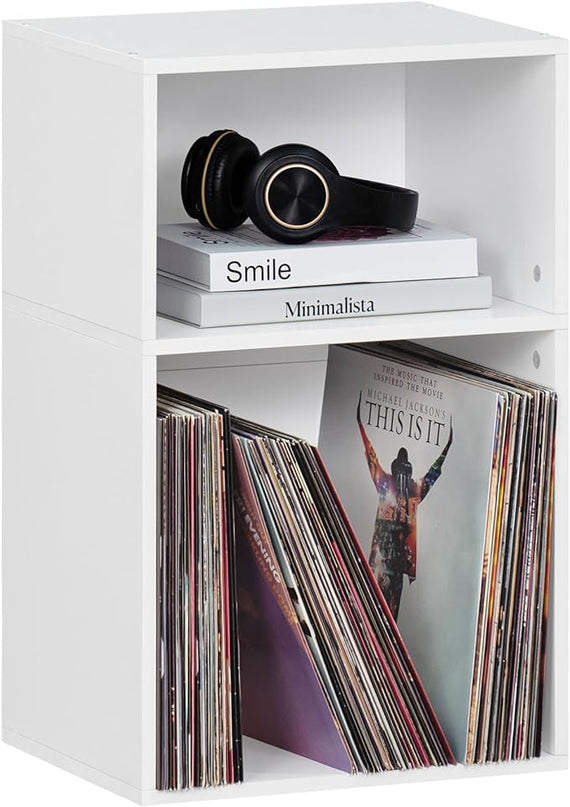 YAHARBO 2 Cube Bookshelf, White Record Player Stand with Vinyl Storage Up to 100 Albums, Horizontal Low Book Shelf, Mini Bookcase with Storage Organizer, Small Turntable Stand for Living Room, Bedroom - LeafyLoom