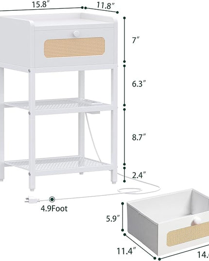 Night Stand, Side Table with Rattan Drawer, Nightstand with Charging Station, Industrial Bedside Table with 3-Tier Storage, White JET003CW1 - LeafyLoom