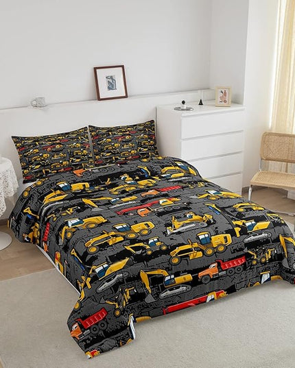 Boys Full Size Construction Comforter Set,Kids Tractor Comforter Yellow Trucks Car Bed Room Decor,Equipment Excavator Bedding Set Cartoon Vehicle Quilt Duvet Set Soft Lightweight Dark Grey 3 Pcs - LeafyLoom