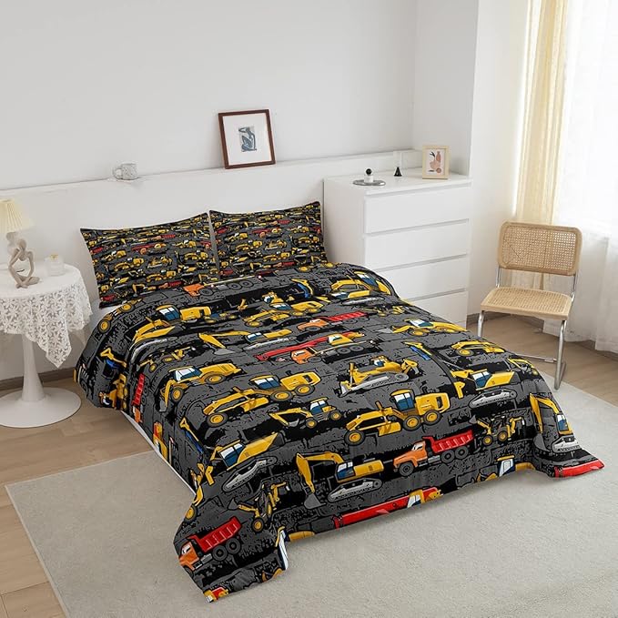 Tractor Comforter set Queen,Construction Bedding Comforter Bedroom Decor For Boys Kids Teens,Cartoon Excavator Truck Down Comforter Vehicle Cars Bed Set For All Season Yellow Dark Grey 2 Pillowcases - LeafyLoom