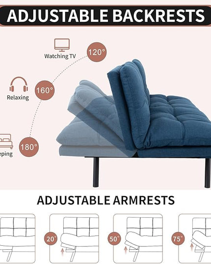 MUUEGM Futon Sofa Bed Convertible Memory Foam Sleeper Couch,Modern Loveseat for Living Room,Small Compact Space,Dorm,Office,Adjustable Armrests Backrest Sofabed, Linen Blue - LeafyLoom