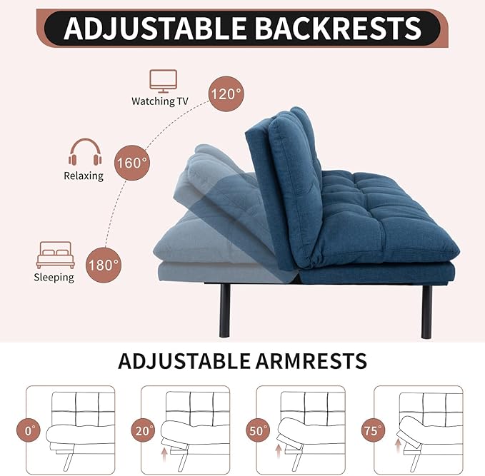 MUUEGM Futon Sofa Bed Convertible Memory Foam Sleeper Couch,Modern Loveseat for Living Room,Small Compact Space,Dorm,Office,Adjustable Armrests Backrest Sofabed, Linen Blue - LeafyLoom