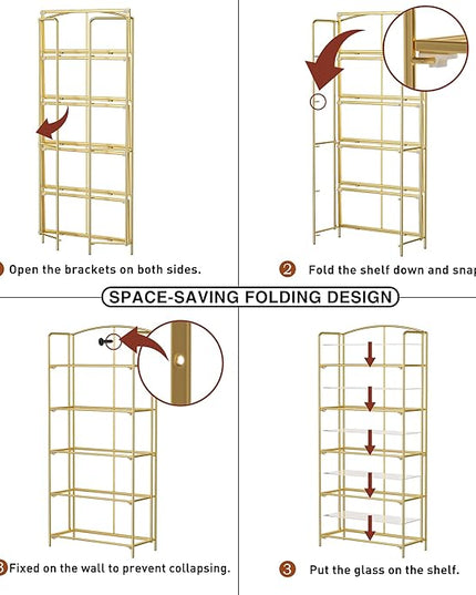 No Assembly Folding Bookshelf for Living Room, 5 Tier Gold Collapsible Book Shelf for Home Office, Portable Bookcase Storage Organizer - LeafyLoom