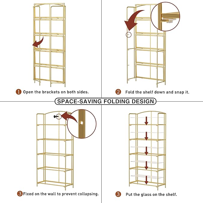 No Assembly Folding Bookshelf for Living Room, 5 Tier Gold Collapsible Book Shelf for Home Office, Portable Bookcase Storage Organizer - LeafyLoom