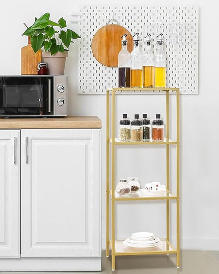4-Tier Bookshelf,Metal Bookcase,Tempered Glass Shelves,Storage Rack Shelf for Home Office,Living Room,Bedroom, Bathroom,Modern Style,Golden - LeafyLoom