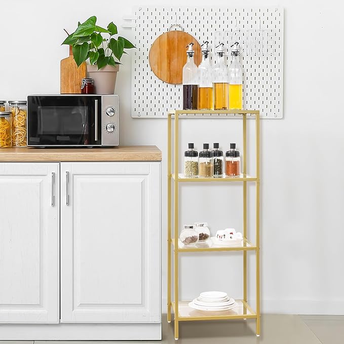 4-Tier Bookshelf,Metal Bookcase,Tempered Glass Shelves,Storage Rack Shelf for Home Office,Living Room,Bedroom, Bathroom,Modern Style,Golden - LeafyLoom