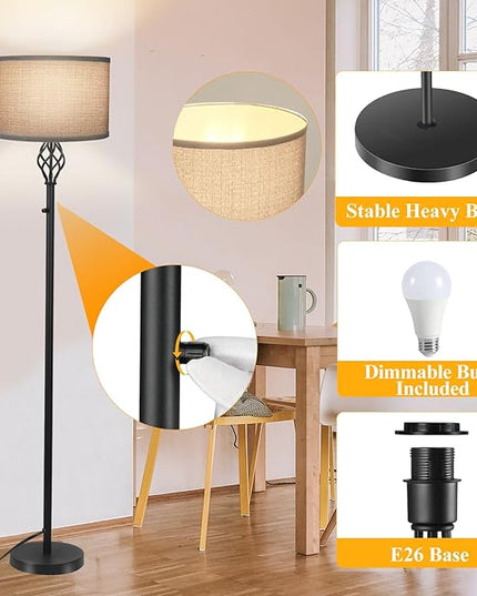 Floor Lamps for Living Room, Standing Lamp for Bedroom, Modern Floor Lamp with Gray Linen Shade, Rotary Switch, 2700K 10W Bulb Included, Stepless Dimmable Floor lamp, Classic Tall Lamp for Office - LeafyLoom