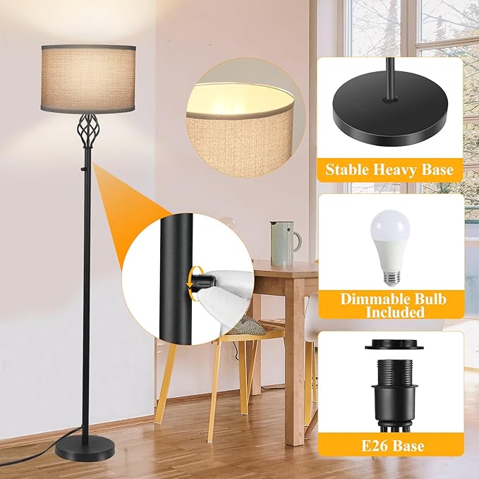 Floor Lamps for Living Room, Standing Lamp for Bedroom, Modern Floor Lamp with Gray Linen Shade, Rotary Switch, 2700K 10W Bulb Included, Stepless Dimmable Floor lamp, Classic Tall Lamp for Office - LeafyLoom