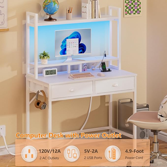 Furologee Small White Computer Desk with Power Outlet and 2 Fabric Drawers, Gaming Desk with LED light, Home Office Desk with Monitor Stand and Hutch for Small Space Working, Study Table with Shelf - LeafyLoom