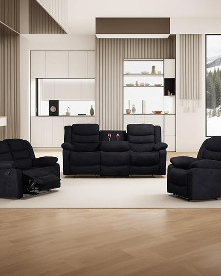 Manual Set, Modern Single Chair, Loveseat and 3 Seat Sofa&Couch with Consoles,2 Cup Holders and Storage, Living Room Furniture, Upholstered Reclining Sectional Sofa, Black - LeafyLoom