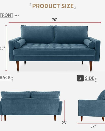 Velvet Furniture for Small Spaces, Mid-Century Modern Loveseats for Living Room, Love Seat Couch Sofas, 70 Inches, Prussian Blue - LeafyLoom