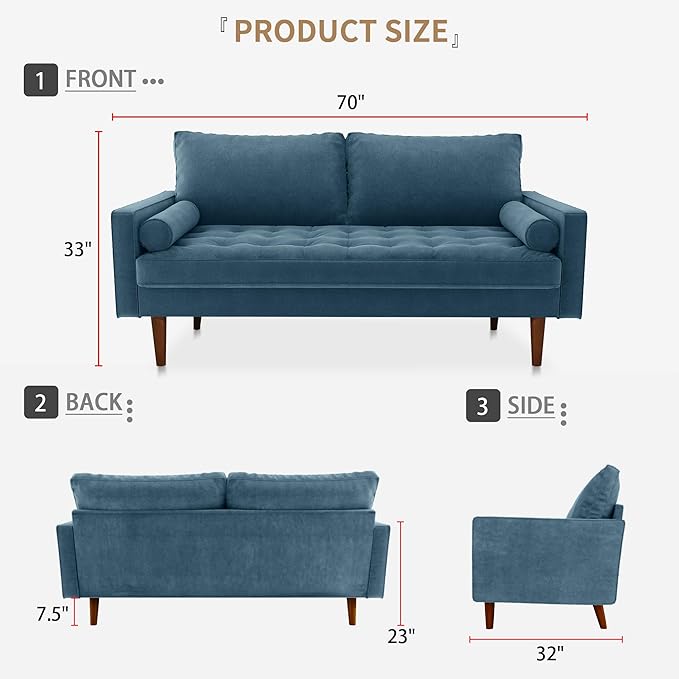 Velvet Furniture for Small Spaces, Mid-Century Modern Loveseats for Living Room, Love Seat Couch Sofas, 70 Inches, Prussian Blue - LeafyLoom