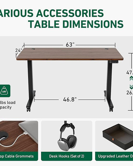 FEZIBO Standing Desk with Drawer, 63 x 24 Inches Adjustable Height Electric Stand up Desk with Storage, Sit Stand Home Office Desk, Black Walnut - LeafyLoom