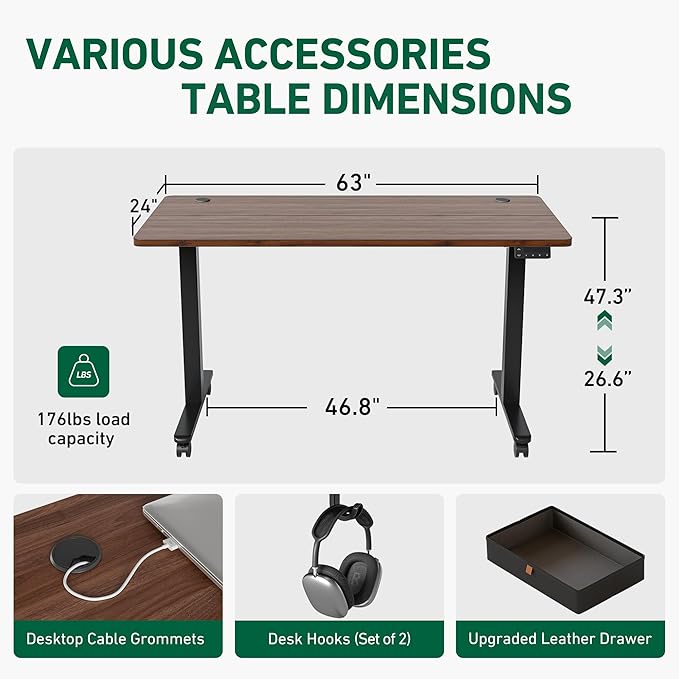 FEZIBO Standing Desk with Drawer, 63 x 24 Inches Adjustable Height Electric Stand up Desk with Storage, Sit Stand Home Office Desk, Black Walnut - LeafyLoom