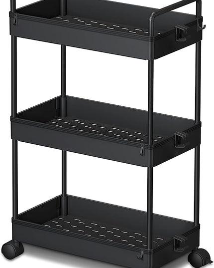 Ronlap 3 Tier Classic Storage Rolling Cart, Slim Storage Cart with Wheels Slide Out Storage Rolling Cart Organizer Plastic Utility Carts for Bathroom Laundry Room Kitchen Office Narrow Place, Black - LeafyLoom