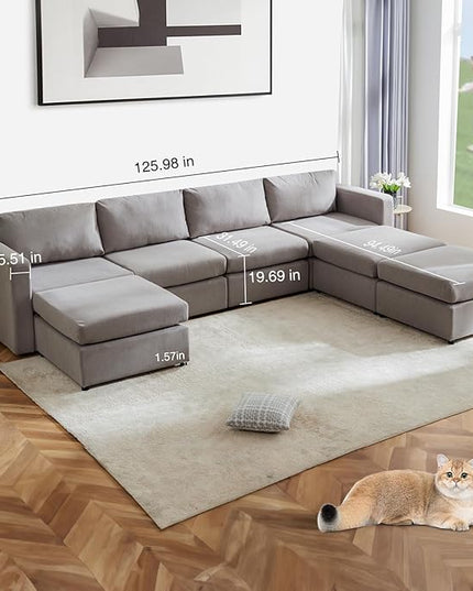 Sweetcrispy Convertible Modular Sectional Sofa, 7 Seat Sectional Couches for Living Room, U-Shaped Modern Fabric Modular Sofa Sleeper with Double Chaise for Home, Apartment, Dorm, Grey - LeafyLoom