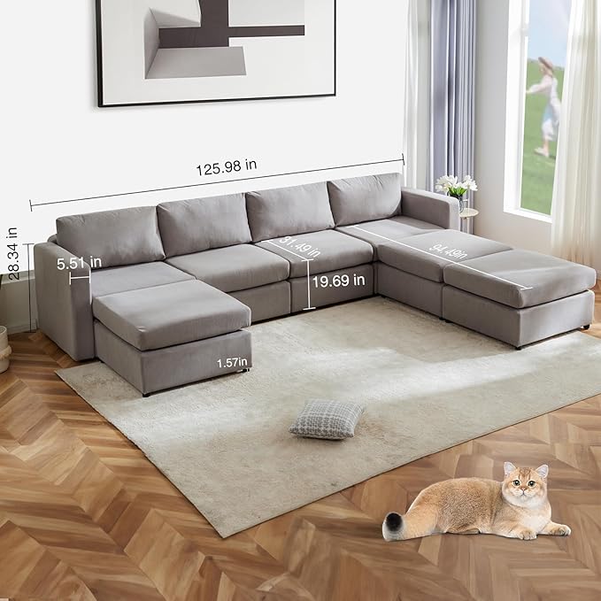 Sweetcrispy Convertible Modular Sectional Sofa, 7 Seat Sectional Couches for Living Room, U-Shaped Modern Fabric Modular Sofa Sleeper with Double Chaise for Home, Apartment, Dorm, Grey - LeafyLoom