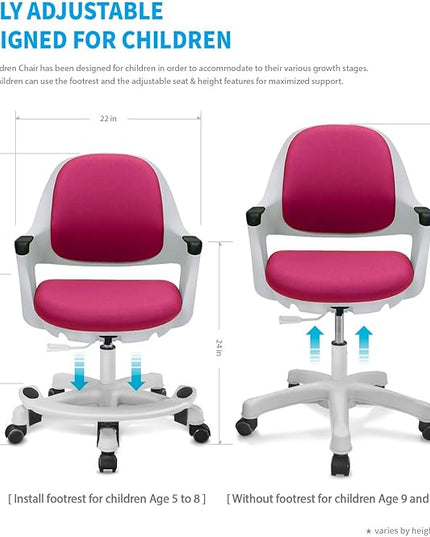 Kids Desk Chair: Ergonomic Kids Computer Chair | Adjustable Kids Office Chair with Wheels & Arms | Study Chair for Girls and Boys - Kids Chair Desk with Wheel Covers (Rosie Pink) - LeafyLoom
