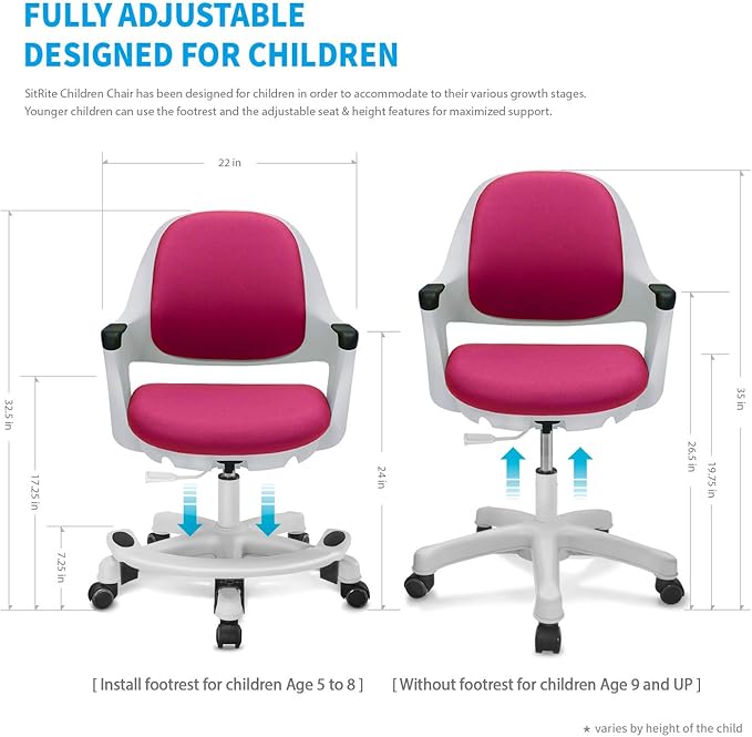 Kids Desk Chair: Ergonomic Kids Computer Chair | Adjustable Kids Office Chair with Wheels & Arms | Study Chair for Girls and Boys - Kids Chair Desk with Wheel Covers (Rosie Pink) - LeafyLoom