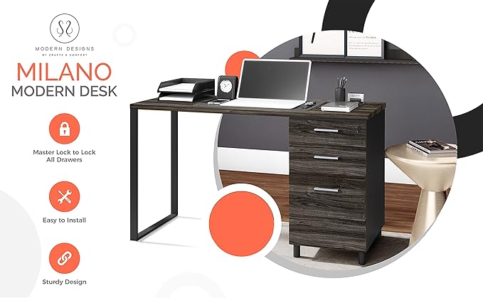 Milano Home Office Desk - 47Inch Space Grey/Black Home Office Desk with Drawers - Modern Computer Desk with Storage, Detachable & Lockable Computer Cabinet - Wooden Office, Study, and Writing Table - LeafyLoom