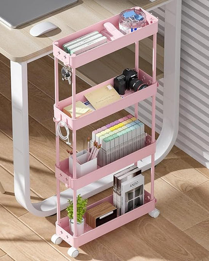 TOOLF Slim Rolling Storage Cart, 4 Tier Utility Cart on Wheels, Mobile Shelving Unit with Hooks for Narrow Space, Rolling Organizer for Bathroom Laundry Kitchen Dorm for Craft Makeup Diaper, Pink - LeafyLoom