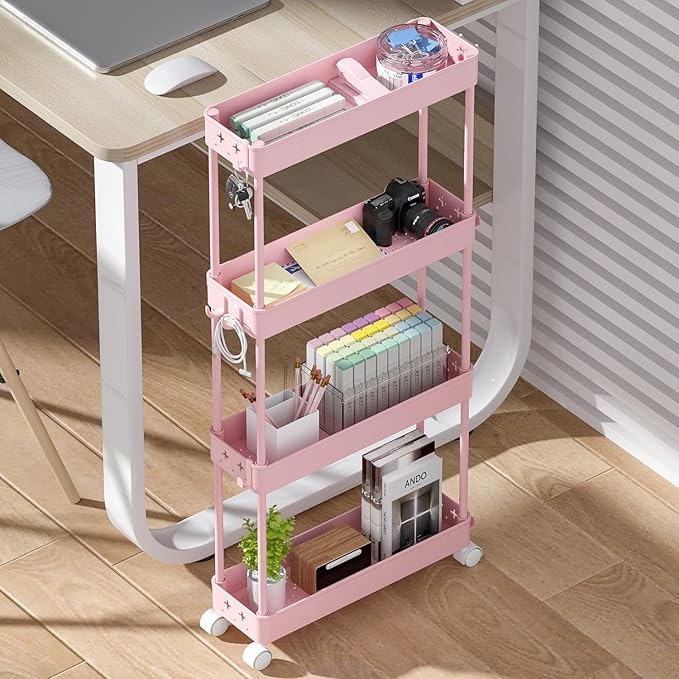 TOOLF Slim Rolling Storage Cart, 4 Tier Utility Cart on Wheels, Mobile Shelving Unit with Hooks for Narrow Space, Rolling Organizer for Bathroom Laundry Kitchen Dorm for Craft Makeup Diaper, Pink - LeafyLoom