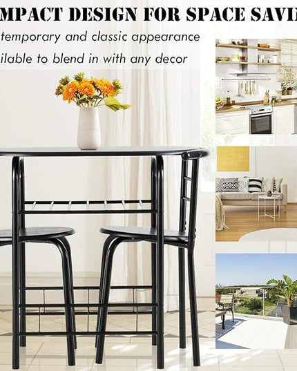 DORTALA 3PCS Dining Table Set, 1 table & 2 chairs set, 3 Piece Compact Dining Set, Oval Table & Mid-back Chairs w/Built-in Wine Rack, Suitable for Small Space, Black - LeafyLoom
