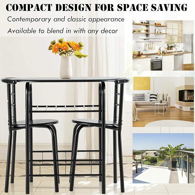 DORTALA 3PCS Dining Table Set, 1 table & 2 chairs set, 3 Piece Compact Dining Set, Oval Table & Mid-back Chairs w/Built-in Wine Rack, Suitable for Small Space, Black - LeafyLoom
