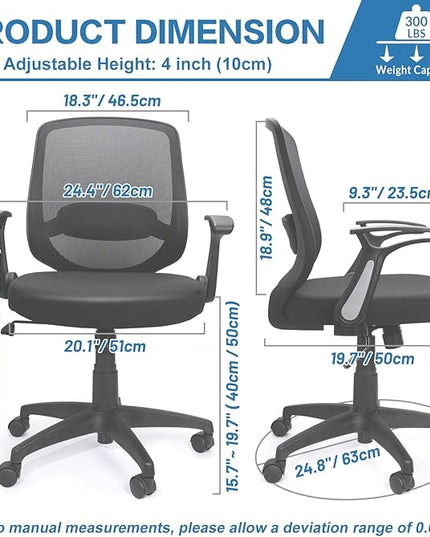 KOLLIEE Mid Back Mesh Office Chair Ergonomic Swivel Black Desk Office Chair Flip Up Armrests with Lumbar Support Adjustable Height Computer Task Chairs - LeafyLoom