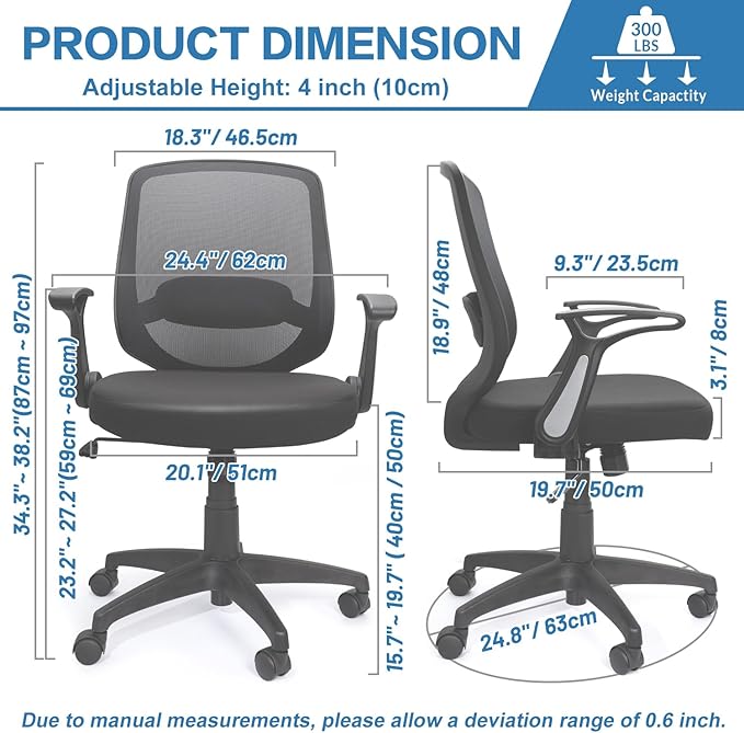 KOLLIEE Mid Back Mesh Office Chair Ergonomic Swivel Black Desk Office Chair Flip Up Armrests with Lumbar Support Adjustable Height Computer Task Chairs - LeafyLoom