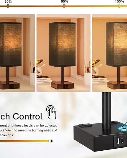 Touch Bedside Table Lamp For Nightstand - 3-Way Dimmable Night Lamp with USB A + Type C Charging Ports and two AC Outlets, Small Desk Light with E26 LED Bulb for Bedroom Living Room Dorm Office,BLACK - LeafyLoom