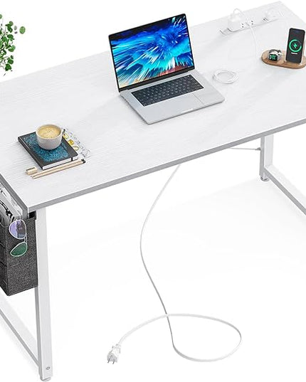 KKL Small Desk with Power Outlets and USB Port Computer Desk for Home Office Gaming Simple Modern Style Writing Desks with Storage Bag Headphone Hook, 40 inch, White - LeafyLoom
