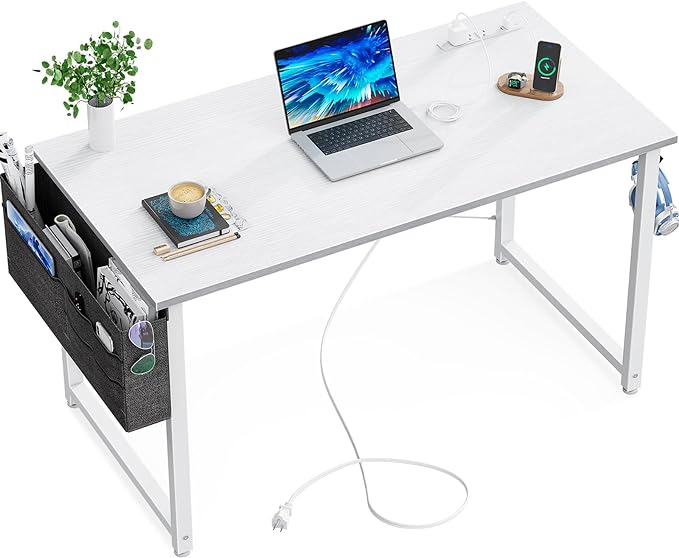 KKL Small Desk with Power Outlets and USB Port Computer Desk for Home Office Gaming Simple Modern Style Writing Desks with Storage Bag Headphone Hook, 40 inch, White - LeafyLoom